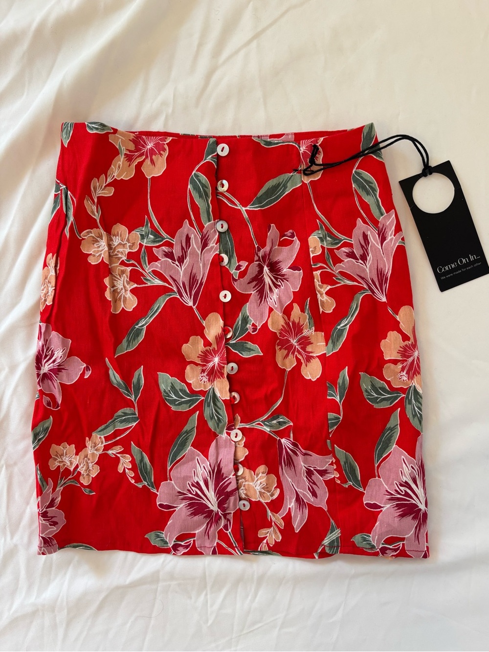 Linen Blend Floral Button Up Mini Skirt